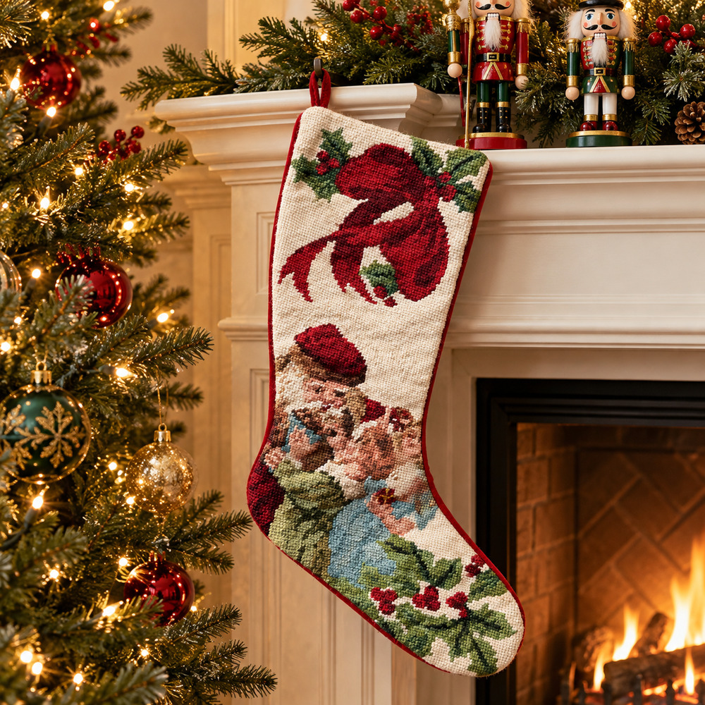 Wool Needlepoint Santa & Children Christmas Stocking | Red Bow Holiday Decor